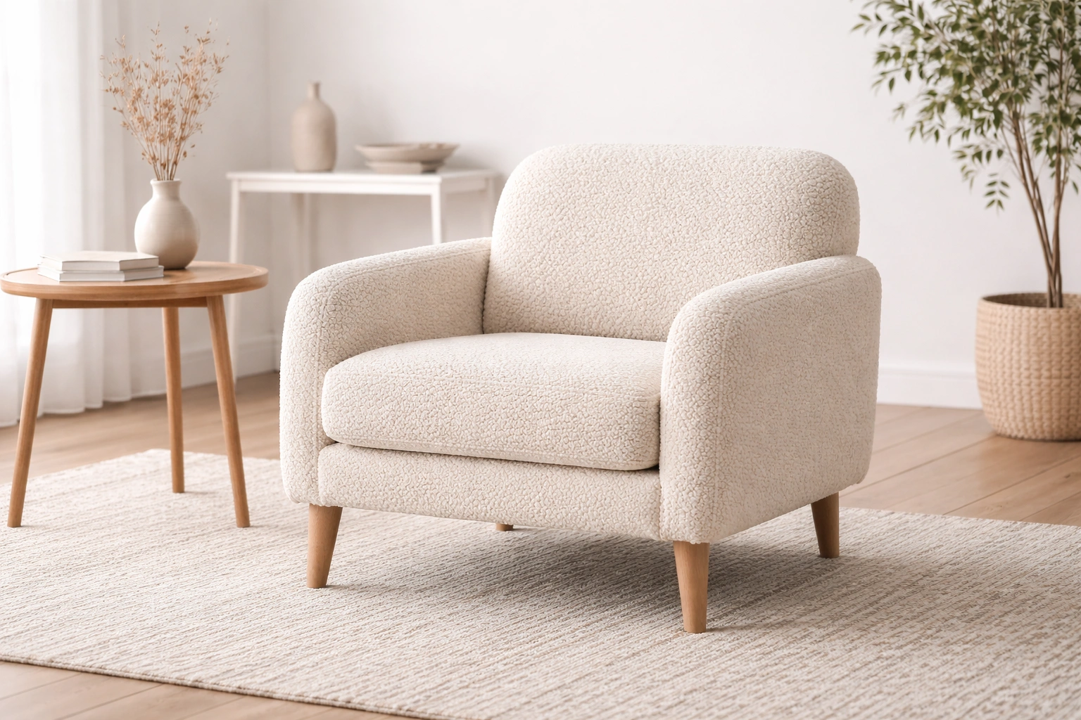 Boucle textured 1 seater chair in minimalist interior