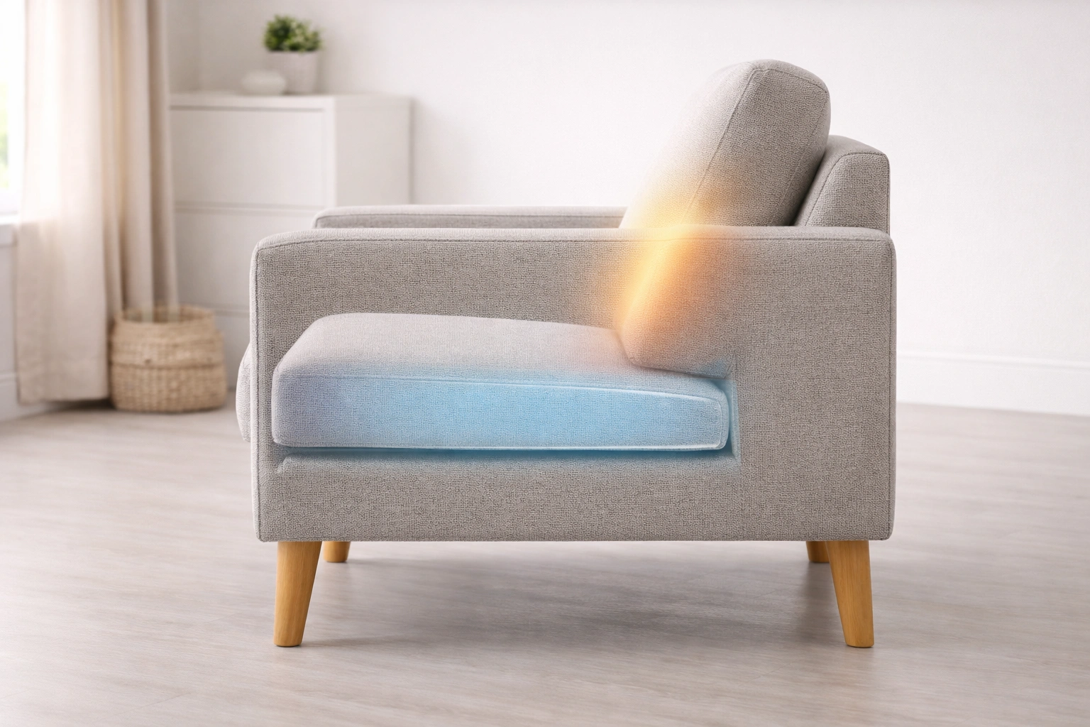 Ergonomic diagram showing ideal seat depth, back angle, and armrest height for a 1 seater sofa