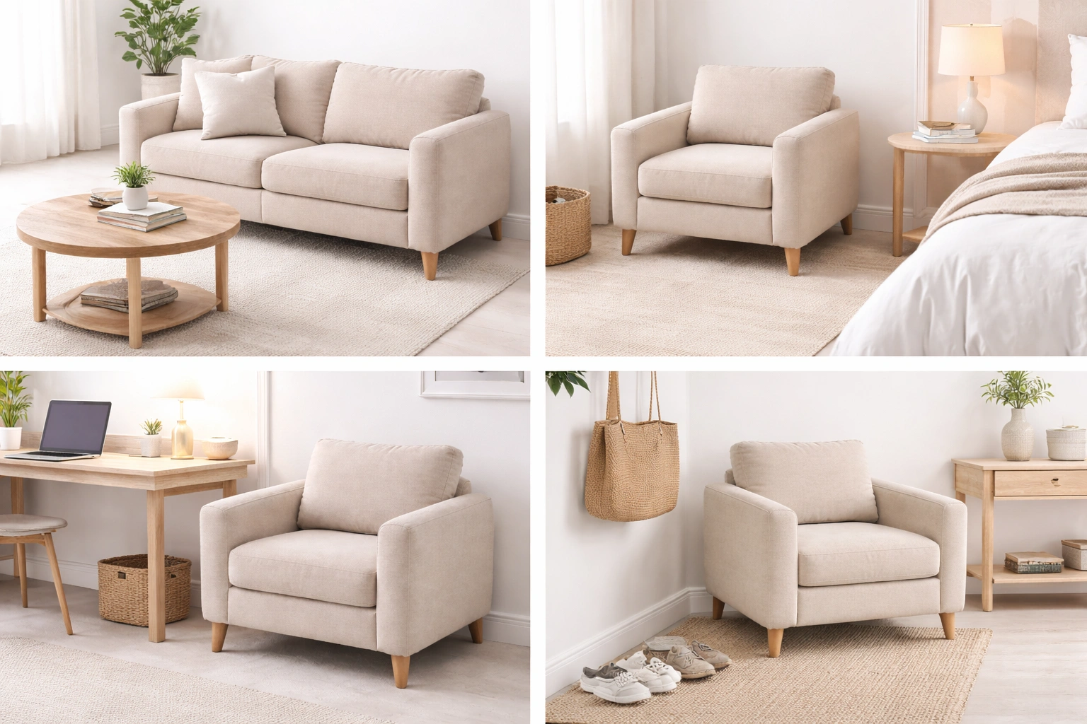 Collage showing 1 seater sofa in living room, bedroom, office, and reading nook