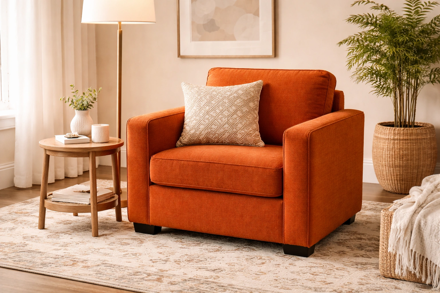 Styled 1 seater sofa with throw pillows, blanket, and side table