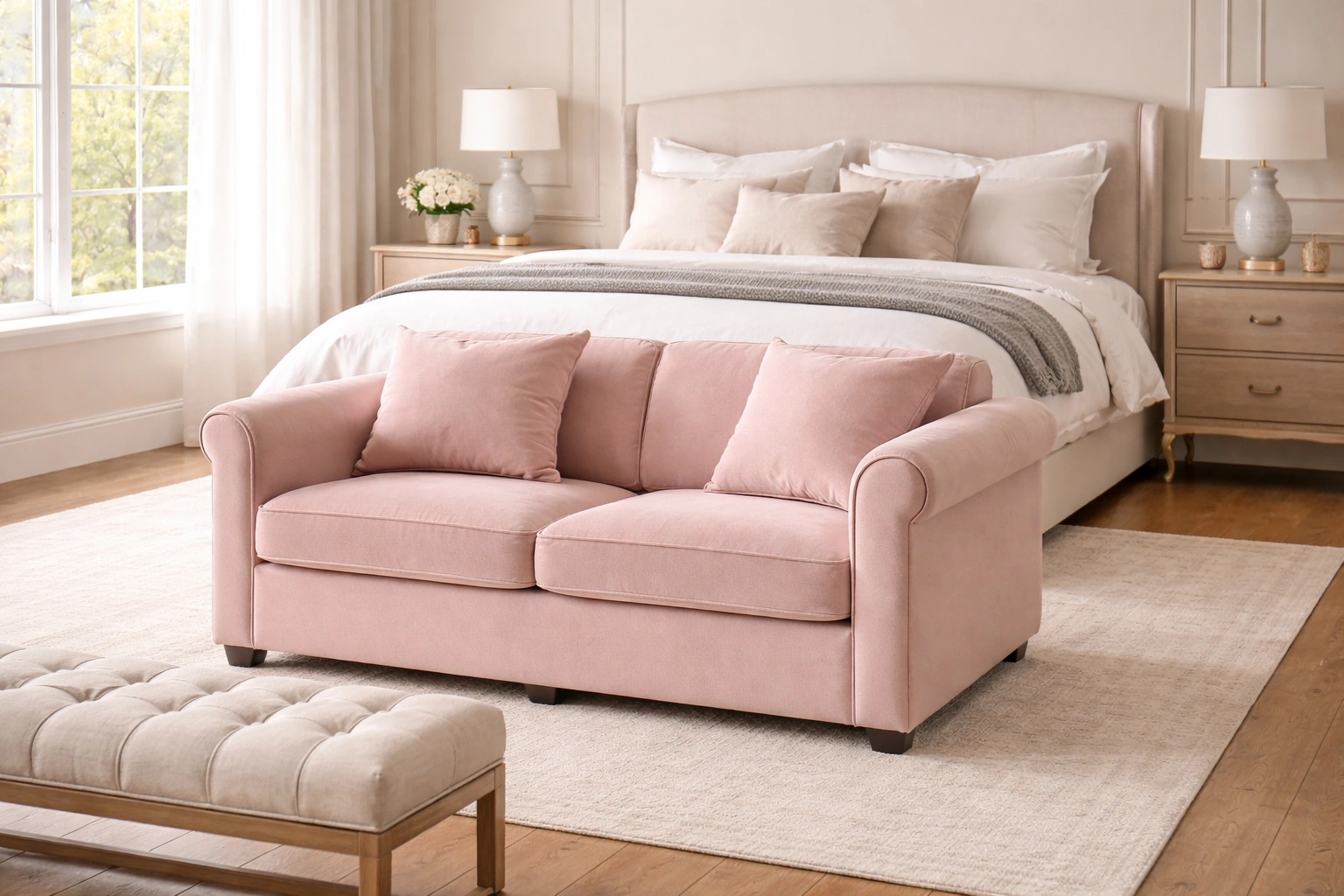 2 seater sofa at the foot of a bed in a master bedroom