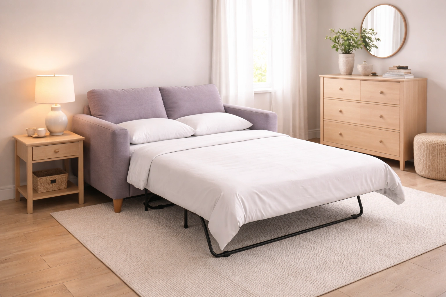 2 seater sleeper sofa in a guest room with bedside table