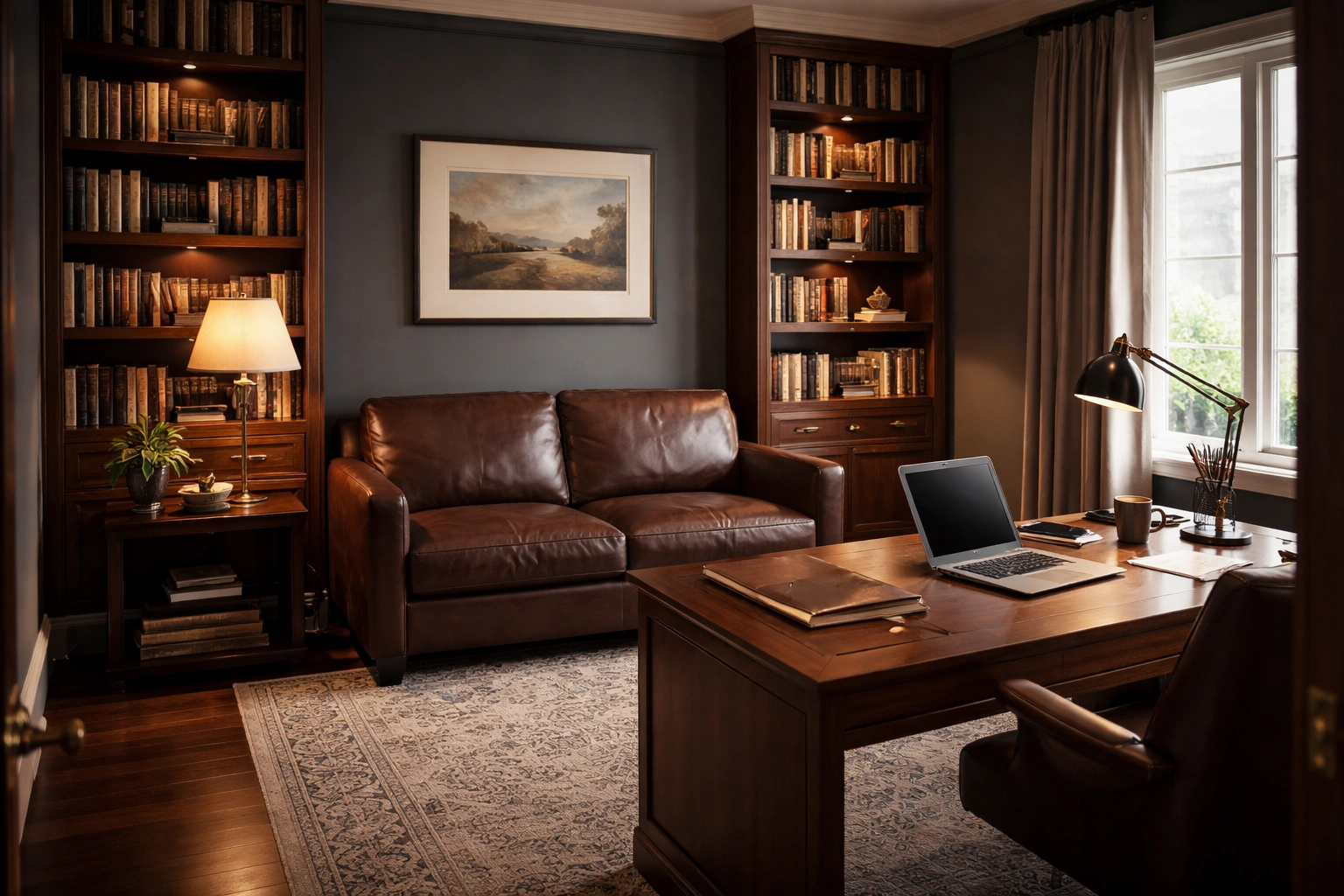 2 seater leather sofa in a home office study with bookshelves