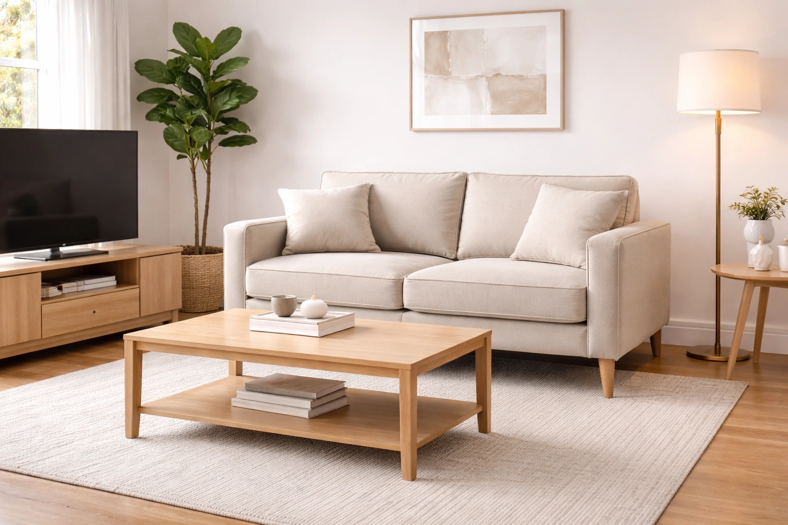 Modern 2 seater sofa in a small living room with decorative pillows and a side table