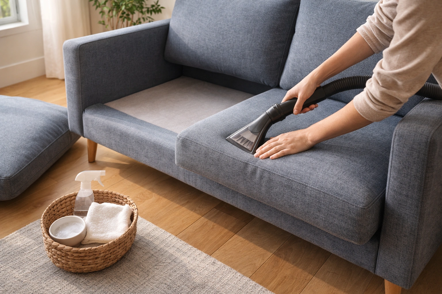 Person vacuuming and spot cleaning cushions on a 2 seater fabric sofa