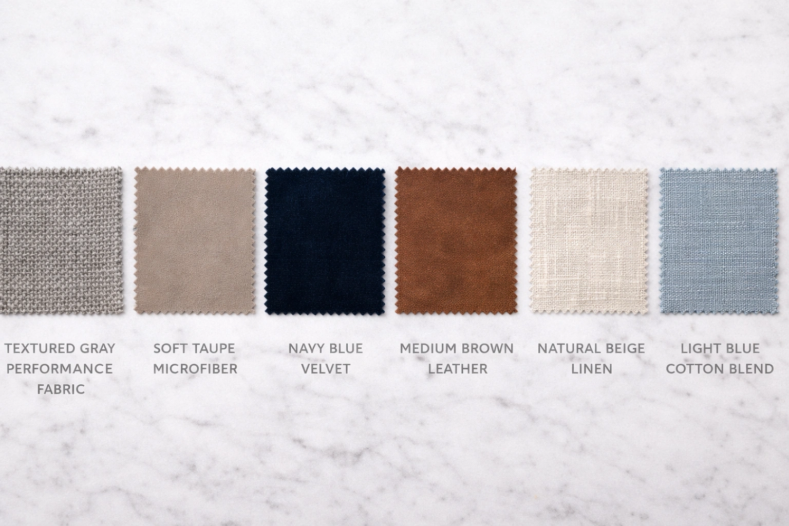 Fabric material swatches for 2 seater sofa including performance fabric microfiber and velvet