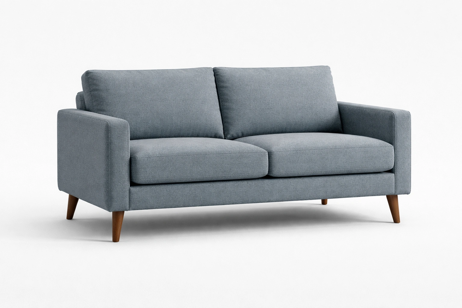 Modern 2 seater sofa with tapered wooden legs and clean lines