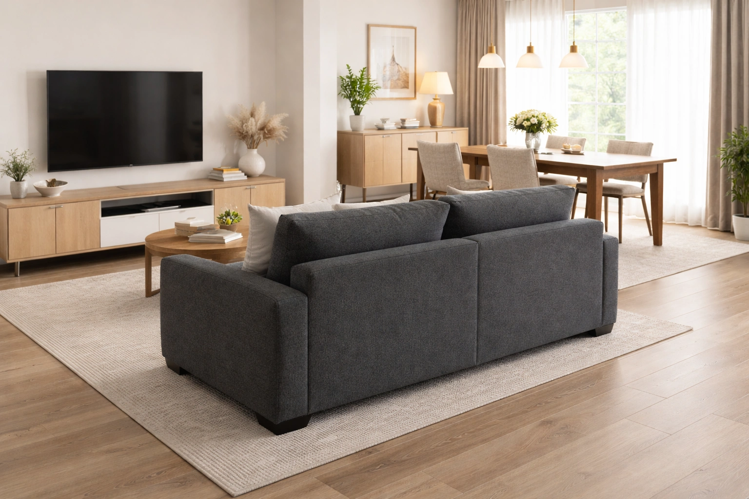 2 seater sofa used as a room divider in an open plan living dining space
