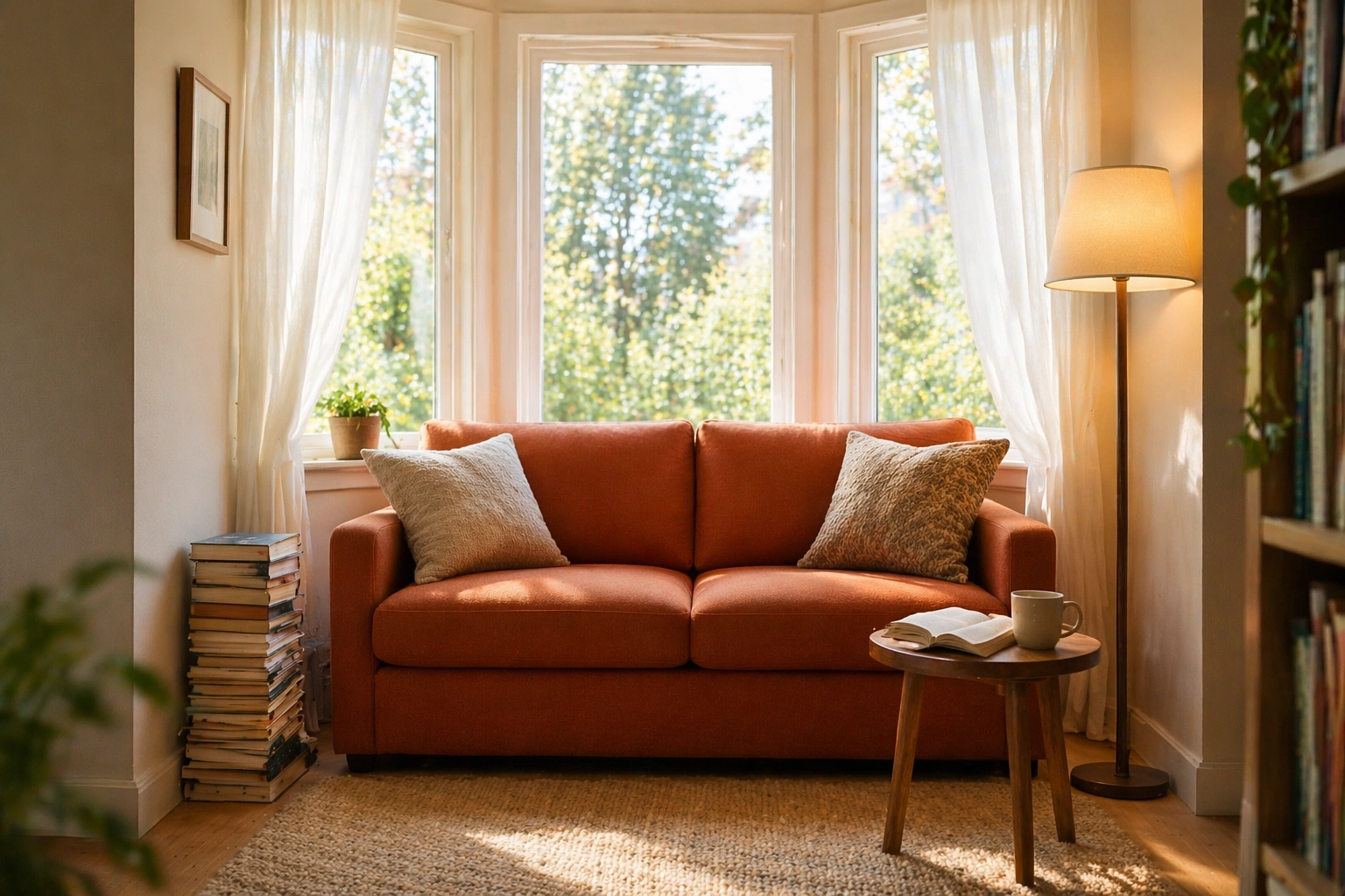 2 seater sofa in a bay window reading nook with natural light