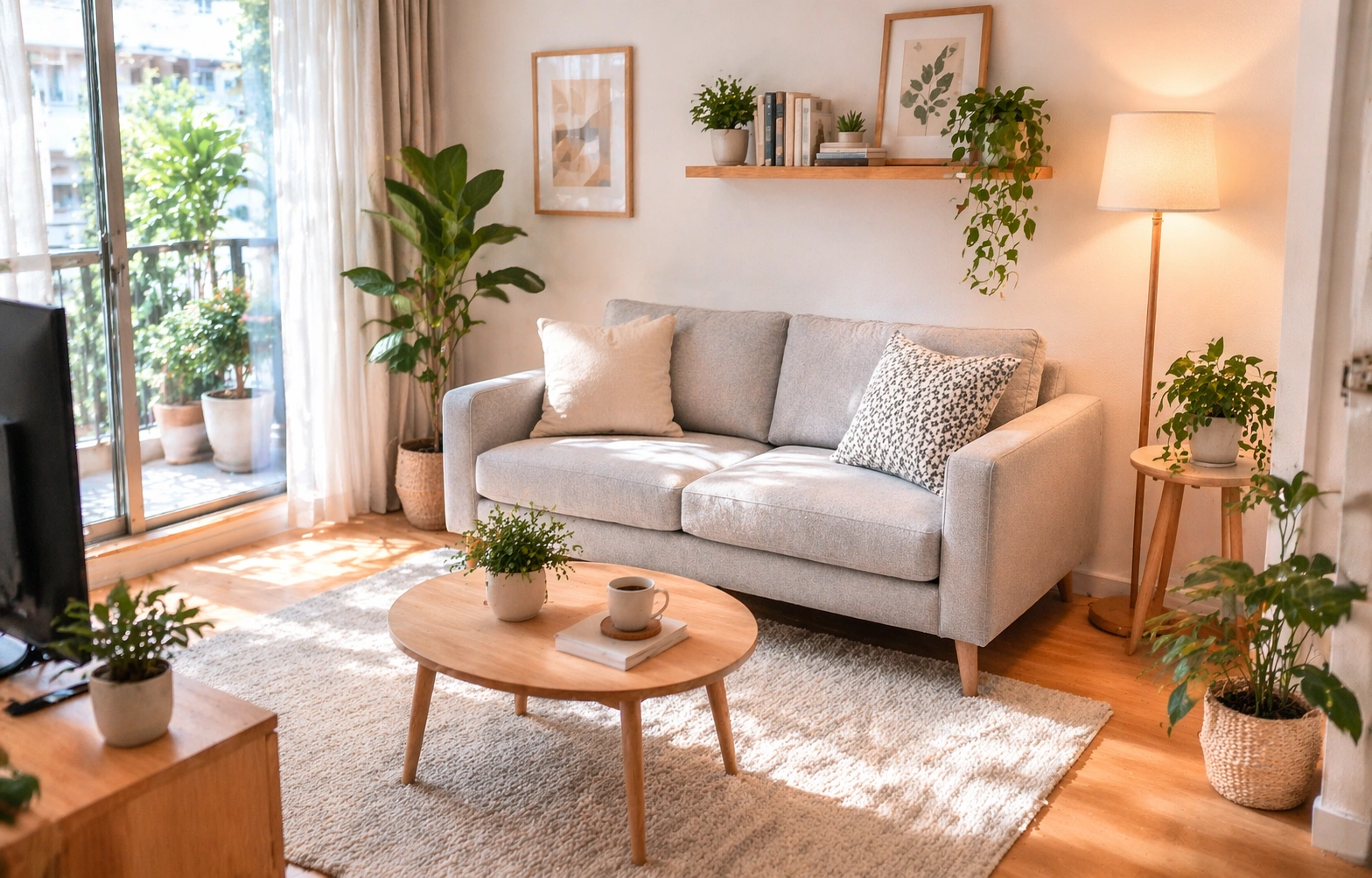 2 seater sofa centered in a small apartment living room with a rug and coffee table