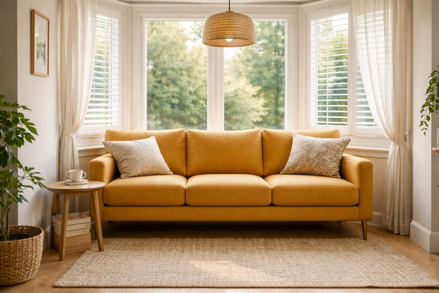 3 seater sofa in a bay window nook