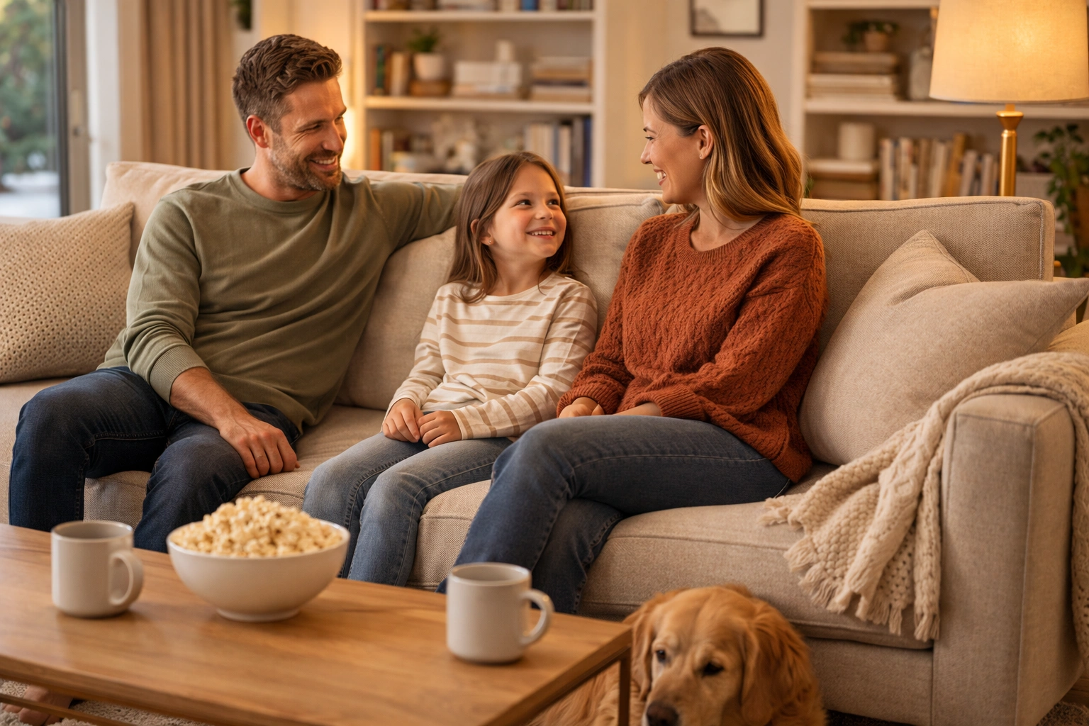 Family sitting together on a 3 seater sofa in a cozy living room