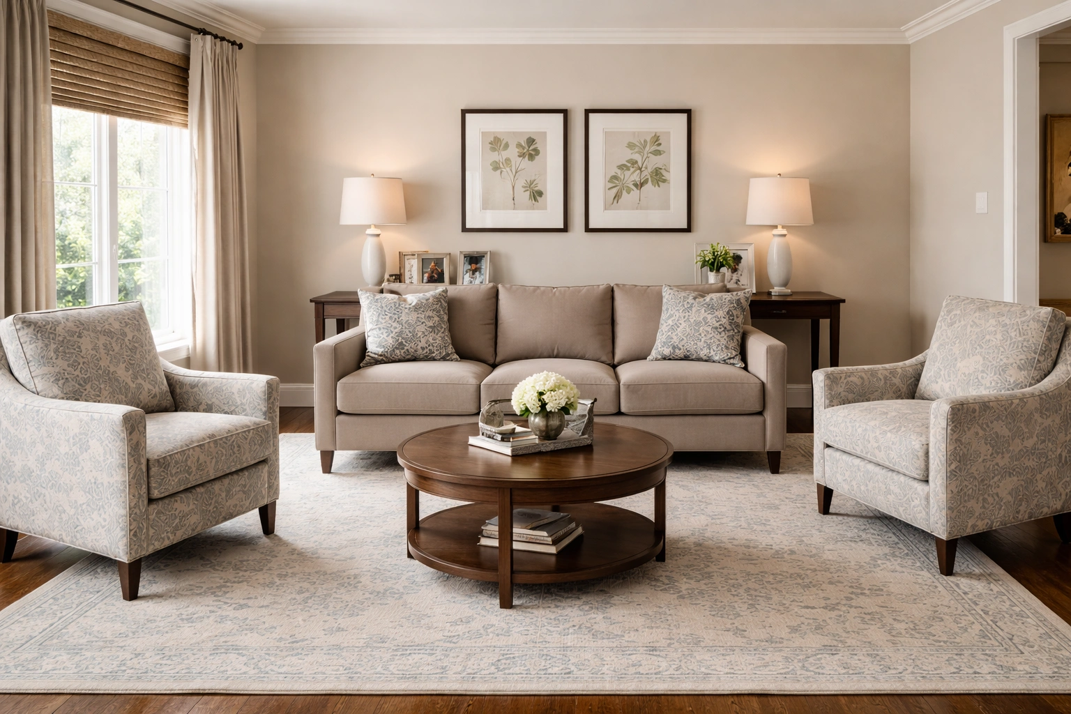 3 seater sofa centered in a living room with rug and side tables
