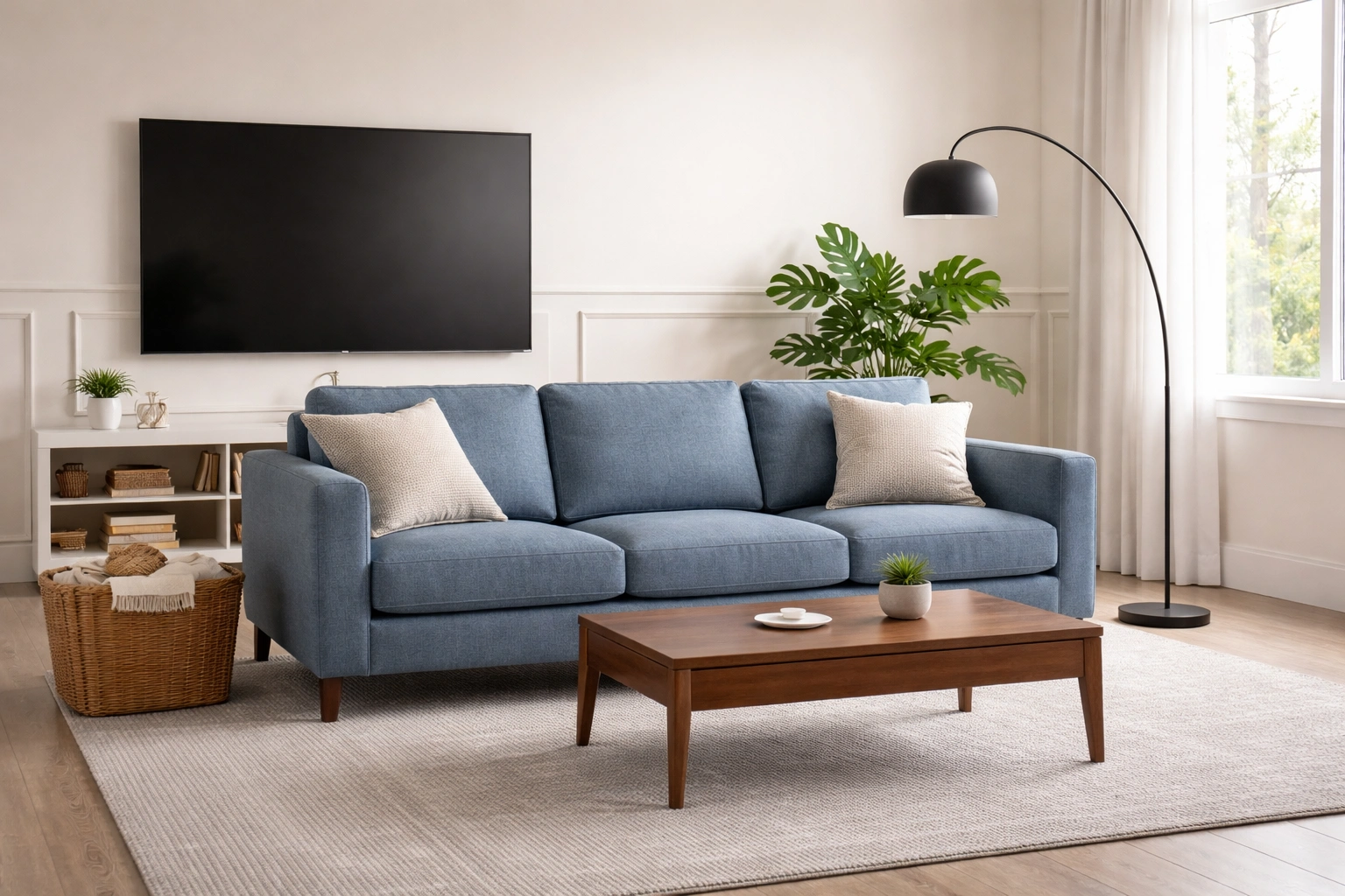 Modern 3 seater sofa in a bright living room with decorative pillows and coffee table
