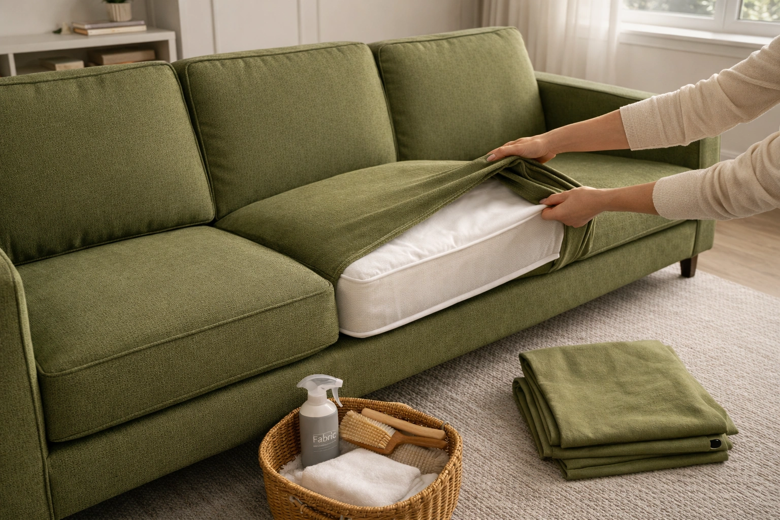 Cleaning cushion covers on a 3 seater sofa