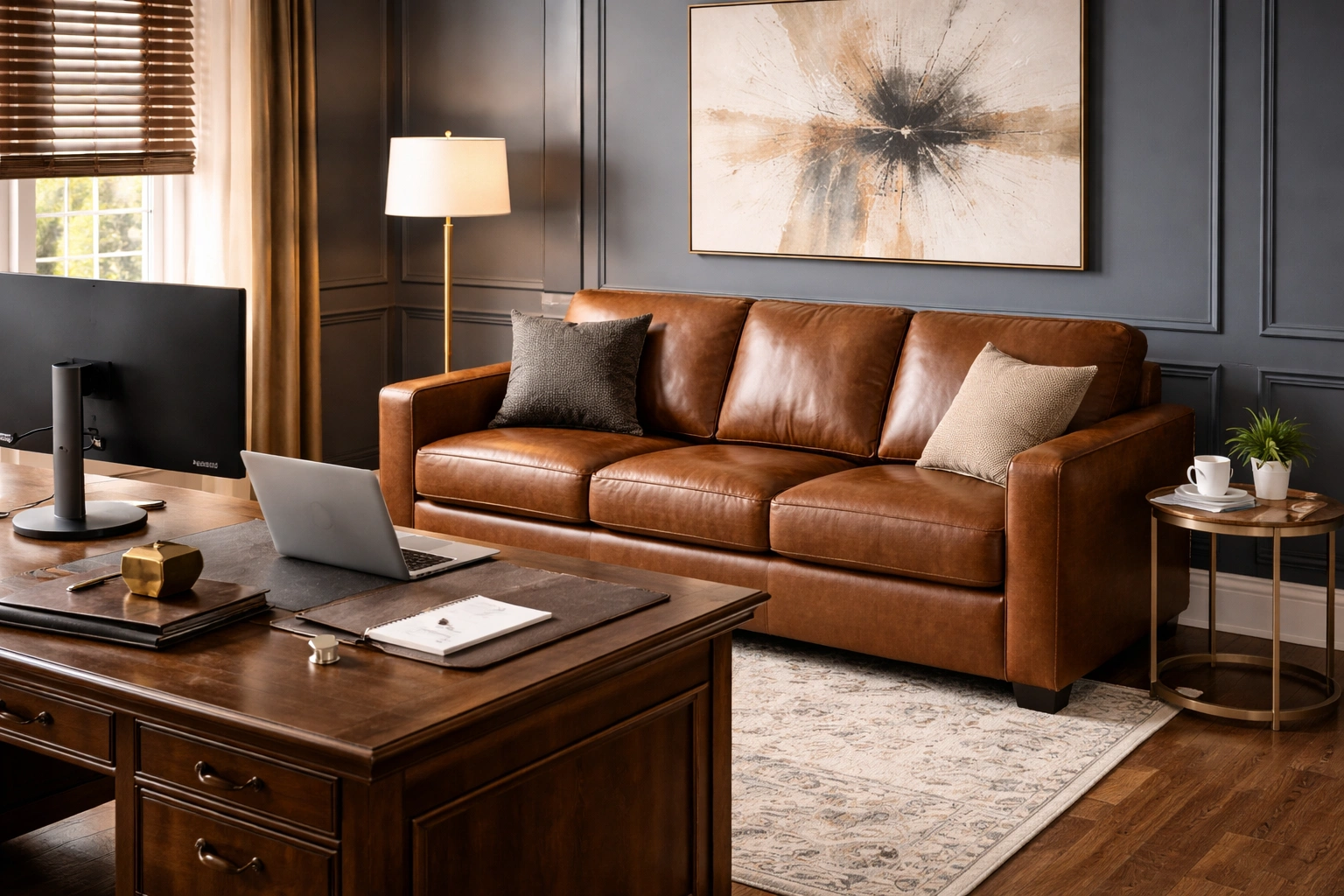 Leather 3 seater sofa in a home office