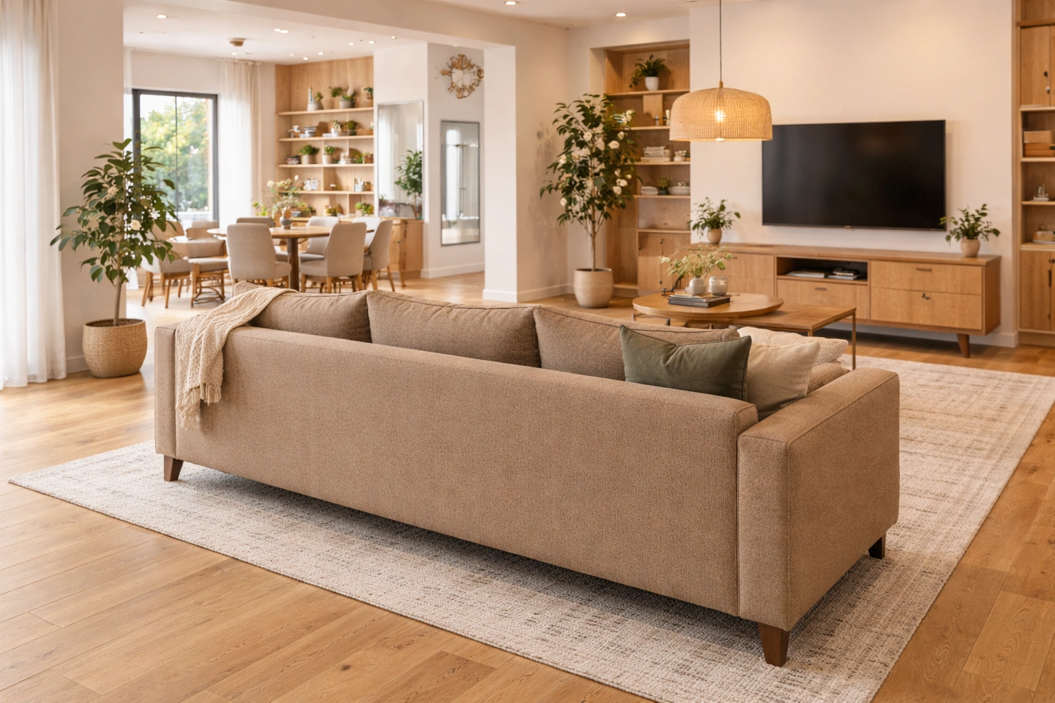 3 seater sofa dividing an open plan space