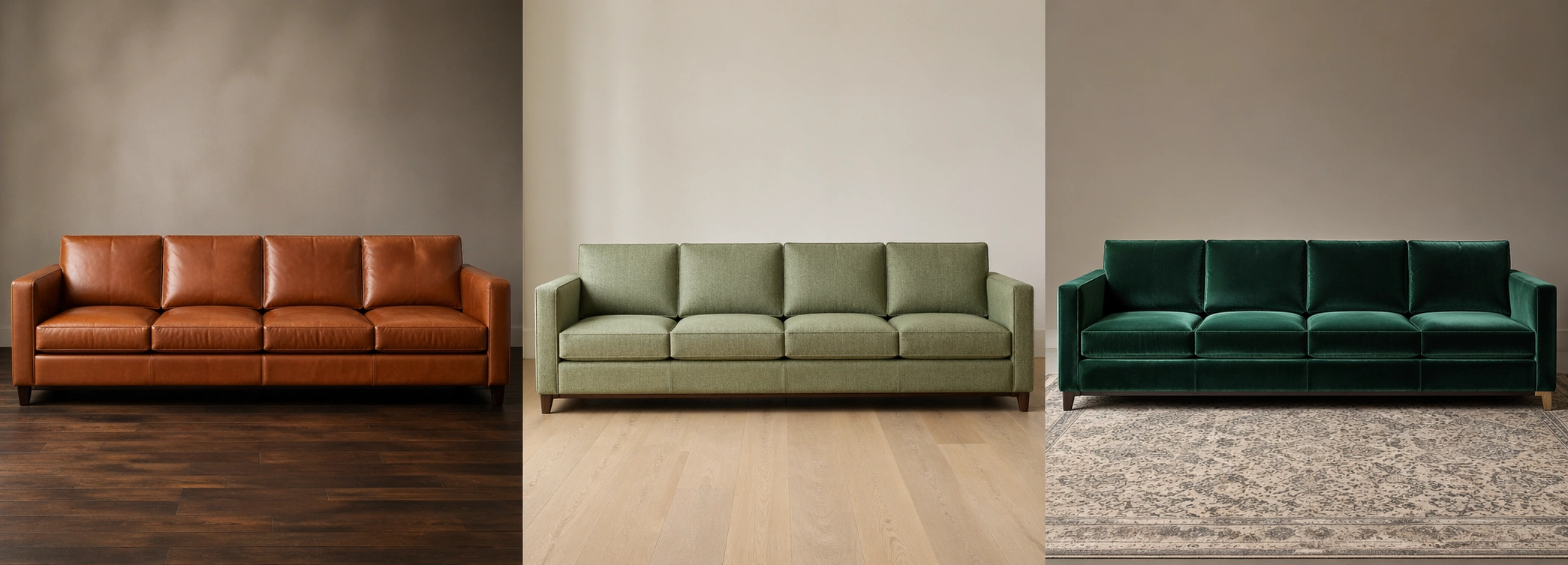 4 seater sofa material options showing leather, fabric, and velvet upholstery