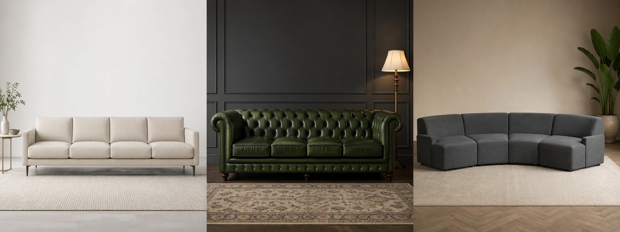 Different types of 4 seater sofa designs including modern, chesterfield, and modular