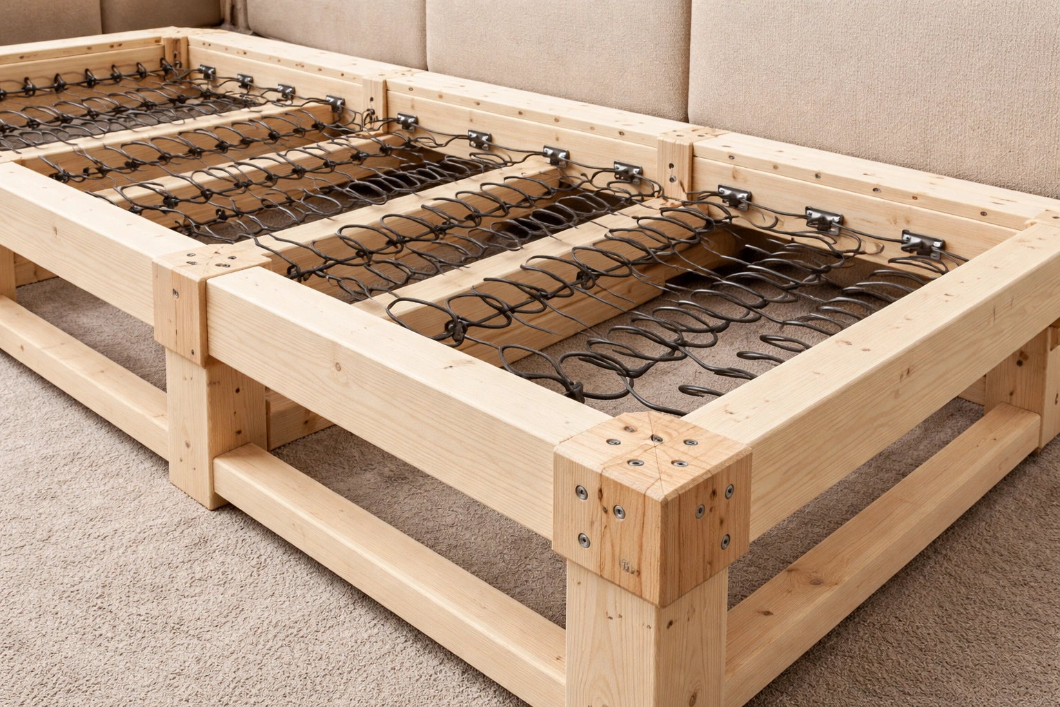 Close up of 5 seater sofa showing frame joint construction and spring system