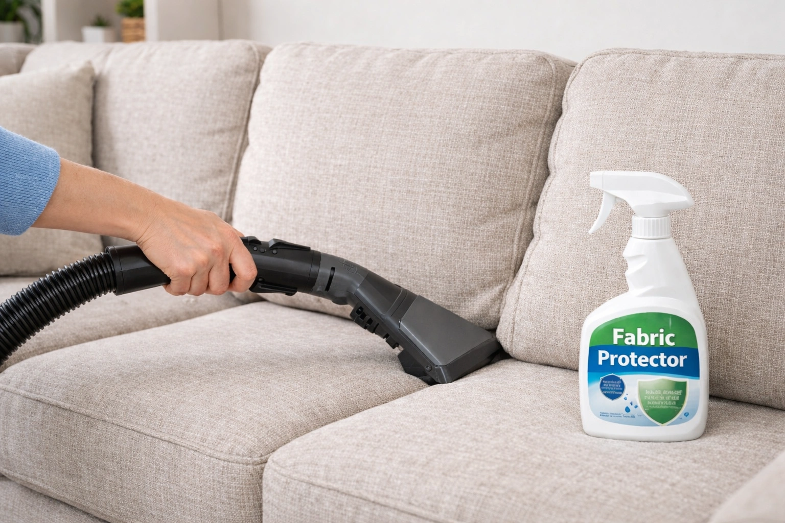 Person cleaning and maintaining a large 5 seater fabric sofa