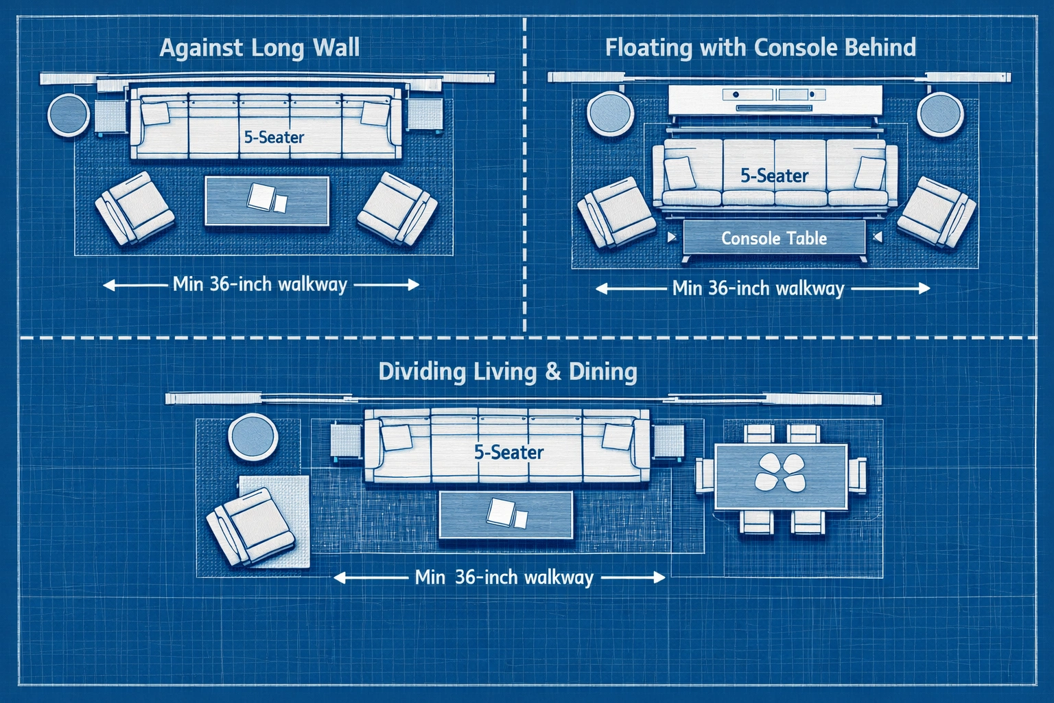 5 seater sofa placement examples in different room layouts