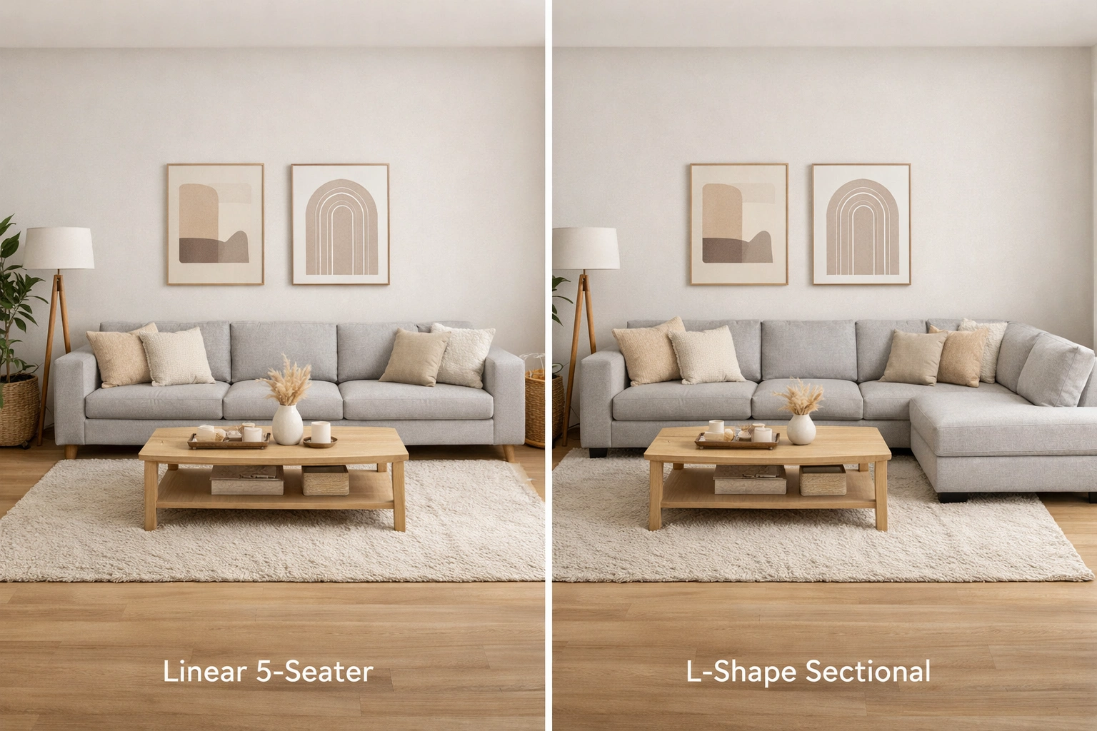 Side by side comparison of 5 seater linear sofa and L-shaped sectional in same room