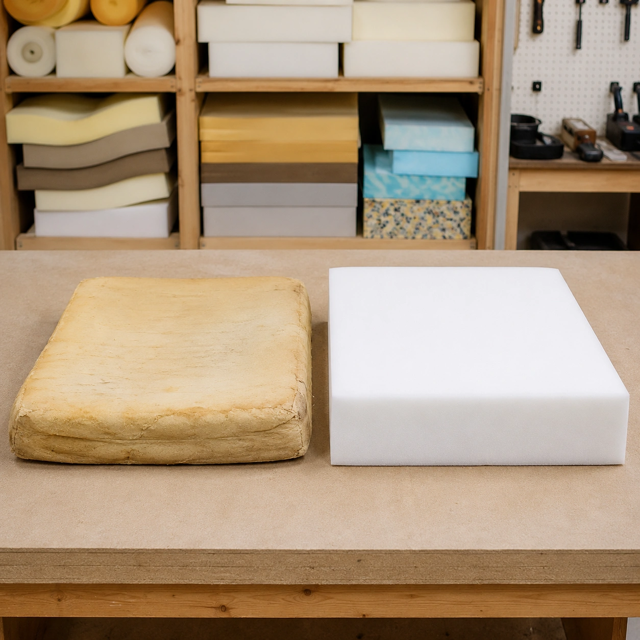 Firm replacement sofa cushion inserts on a workbench