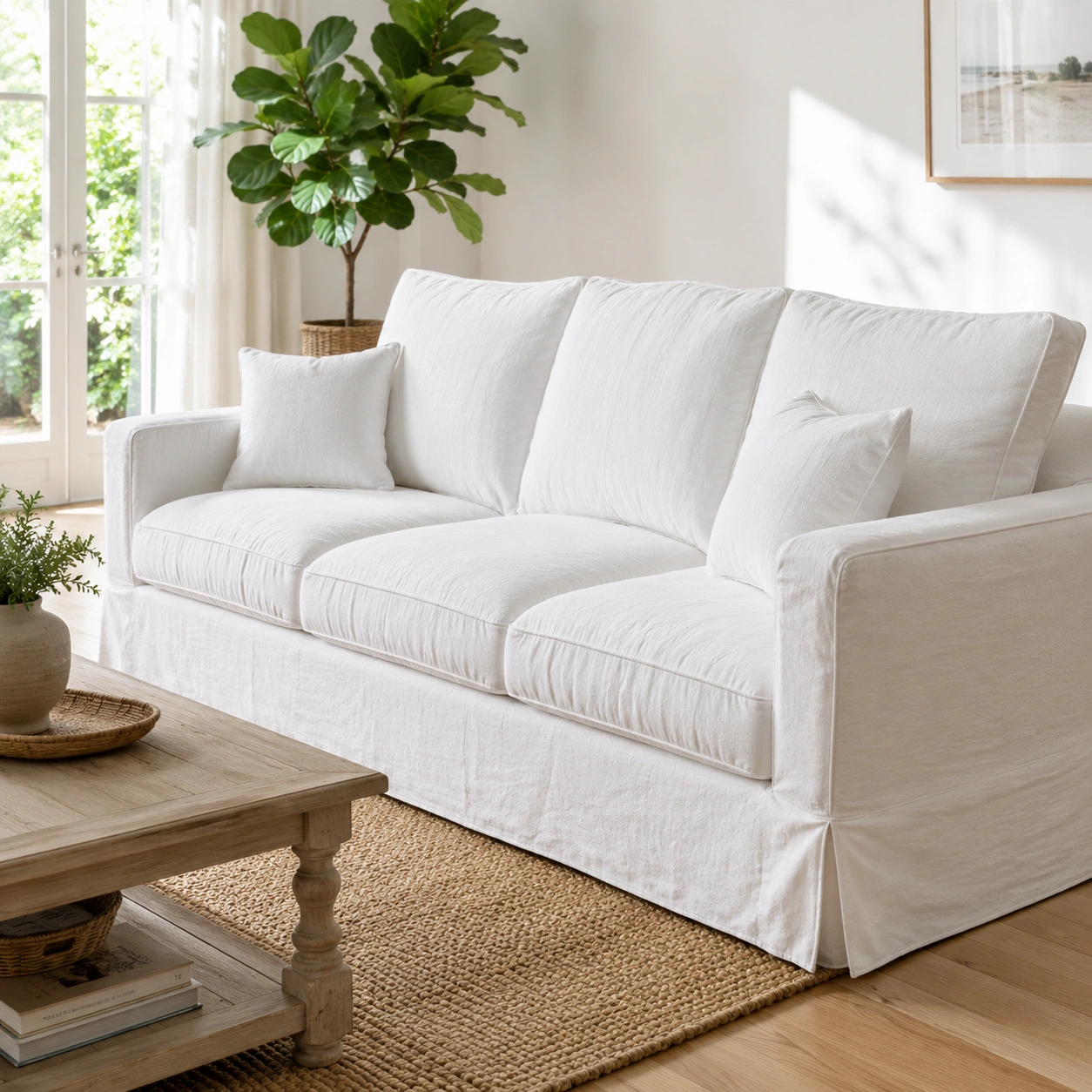 White slipcovered sofa in a bright living room setting