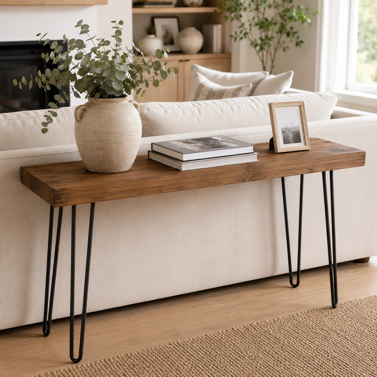 Narrow console sofa table placed behind a sectional couch