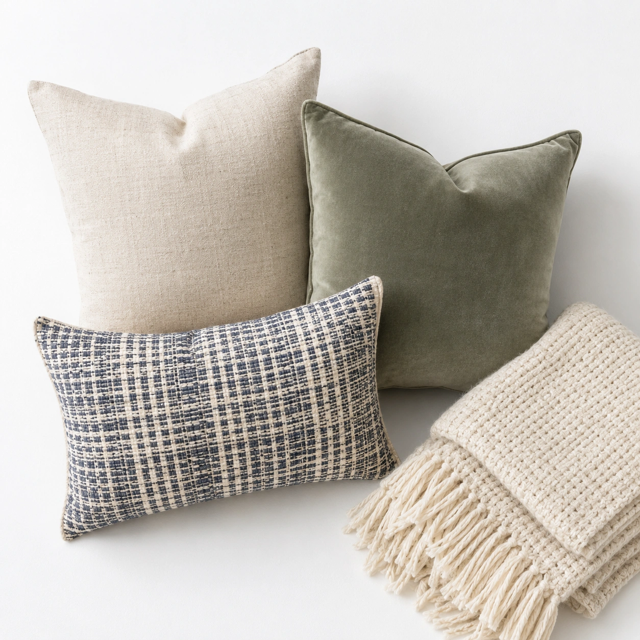 Decorative throw pillows and blanket draped on a modern sofa