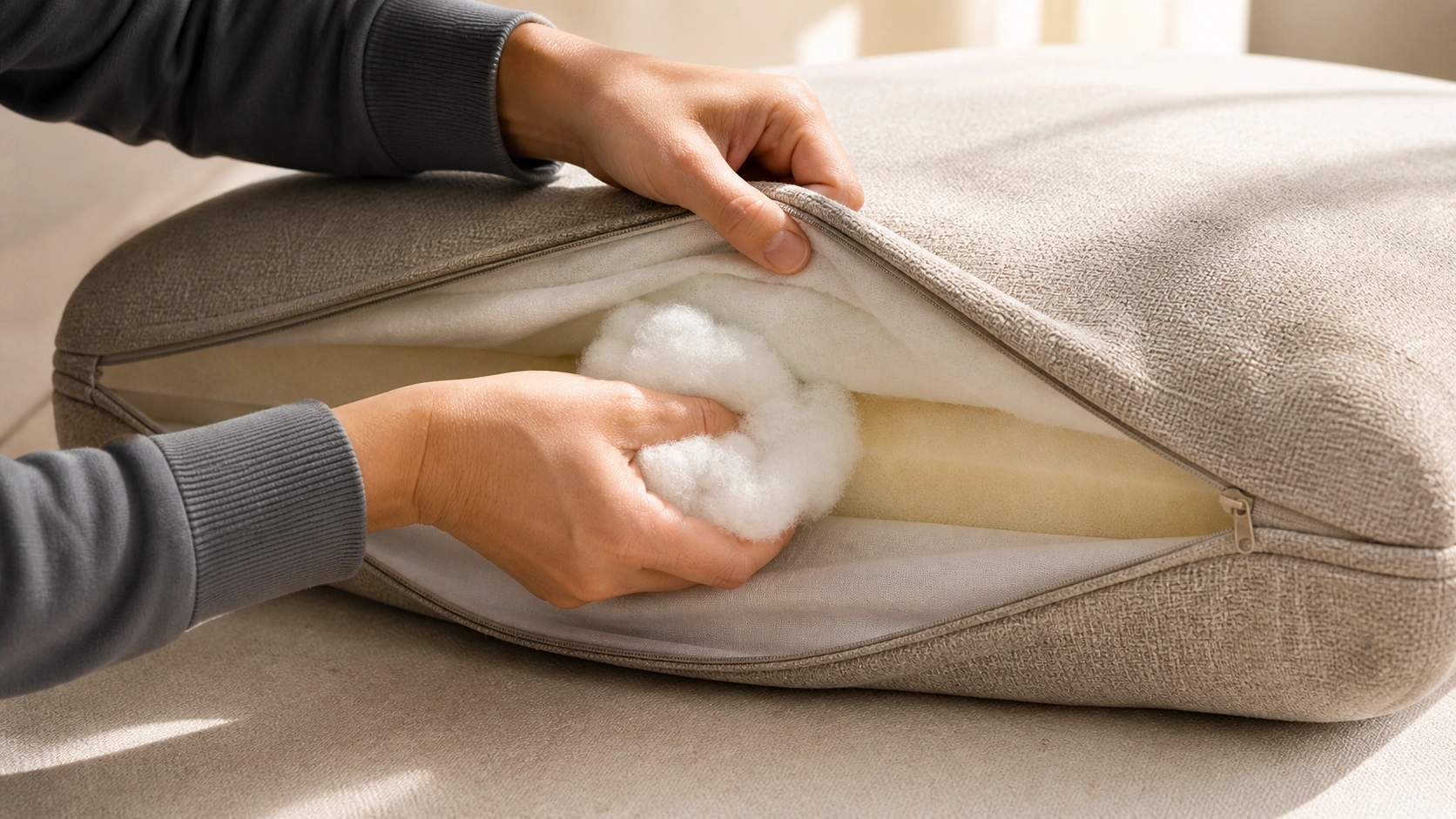 Stuffing polyester fiberfill into a sofa cushion through the zipper opening to restore fullness