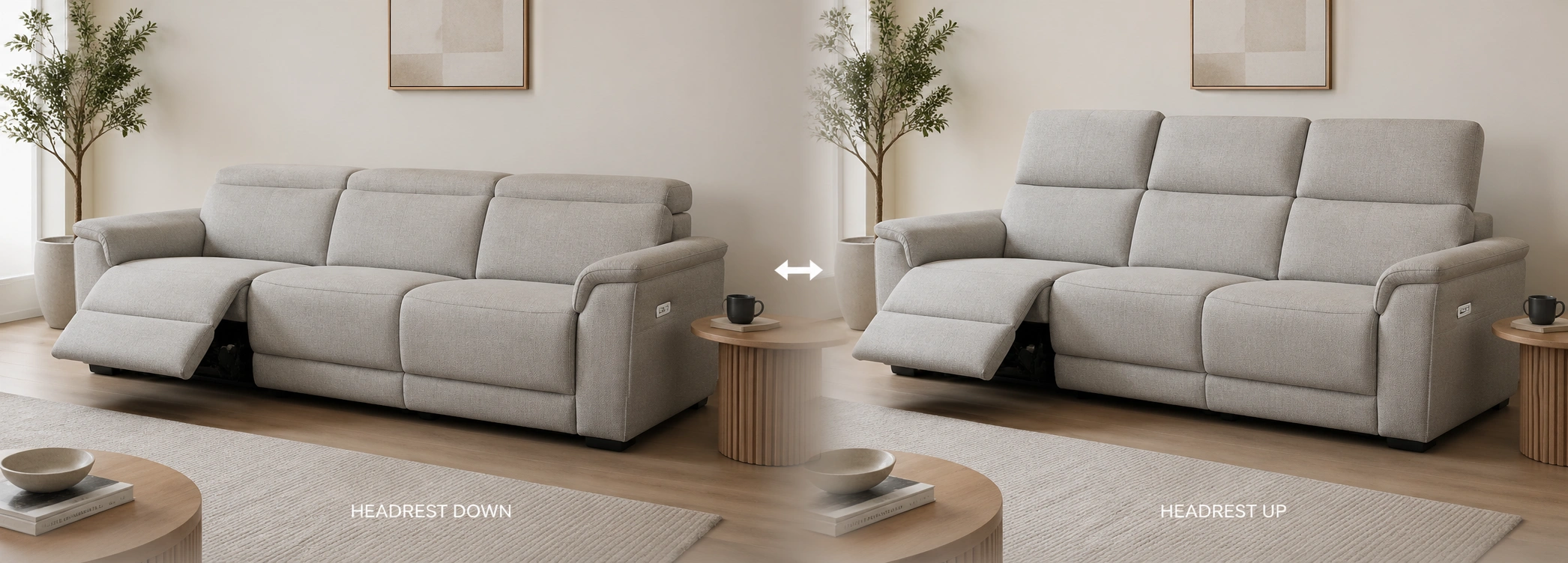 Sofa with adjustable headrest showing both lowered and raised positions for versatile back support