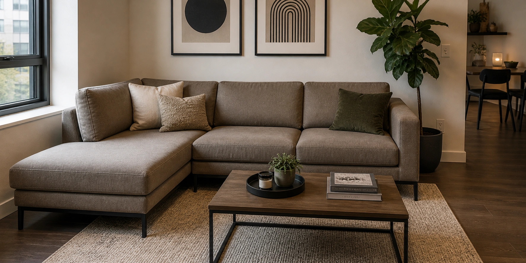 Modular sofa configured in an L-shape in an apartment