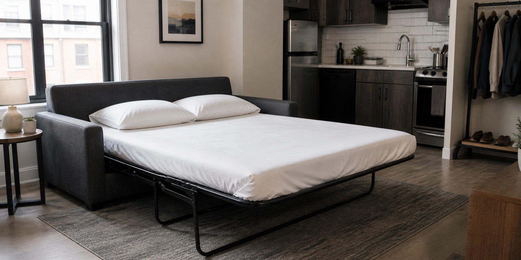 Sleeper sofa opened as a bed in a studio apartment