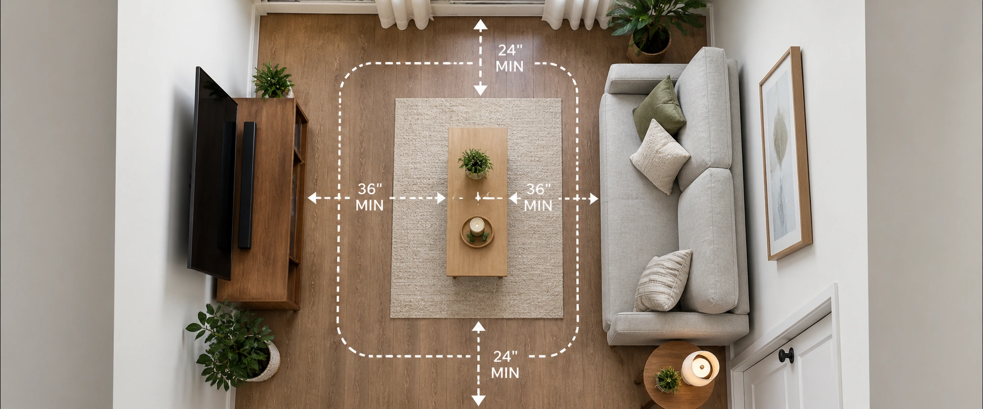 Apartment sofa placement diagram showing optimal room layout