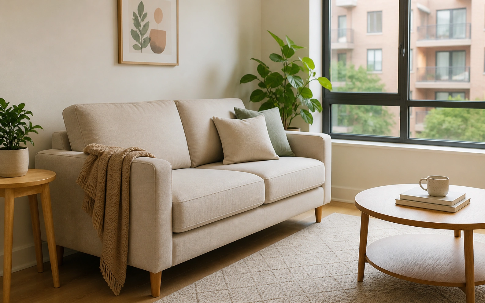 Compact apartment sofa positioned near a window in a small living room