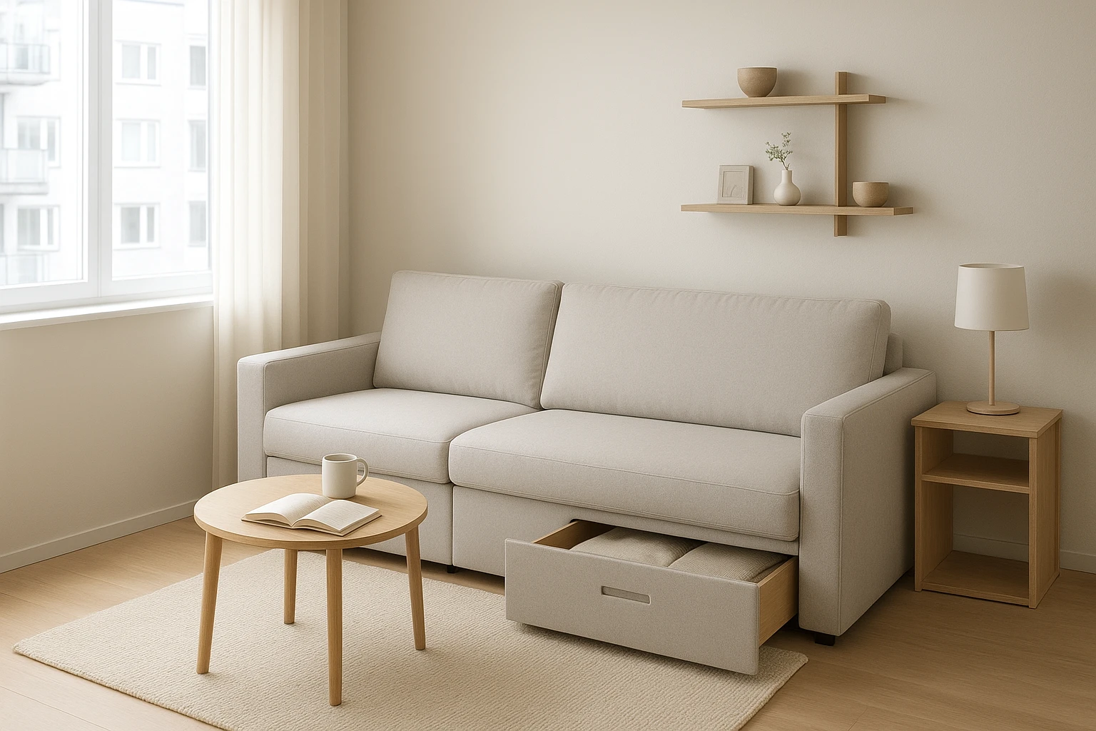 Space-saving apartment sofa with storage