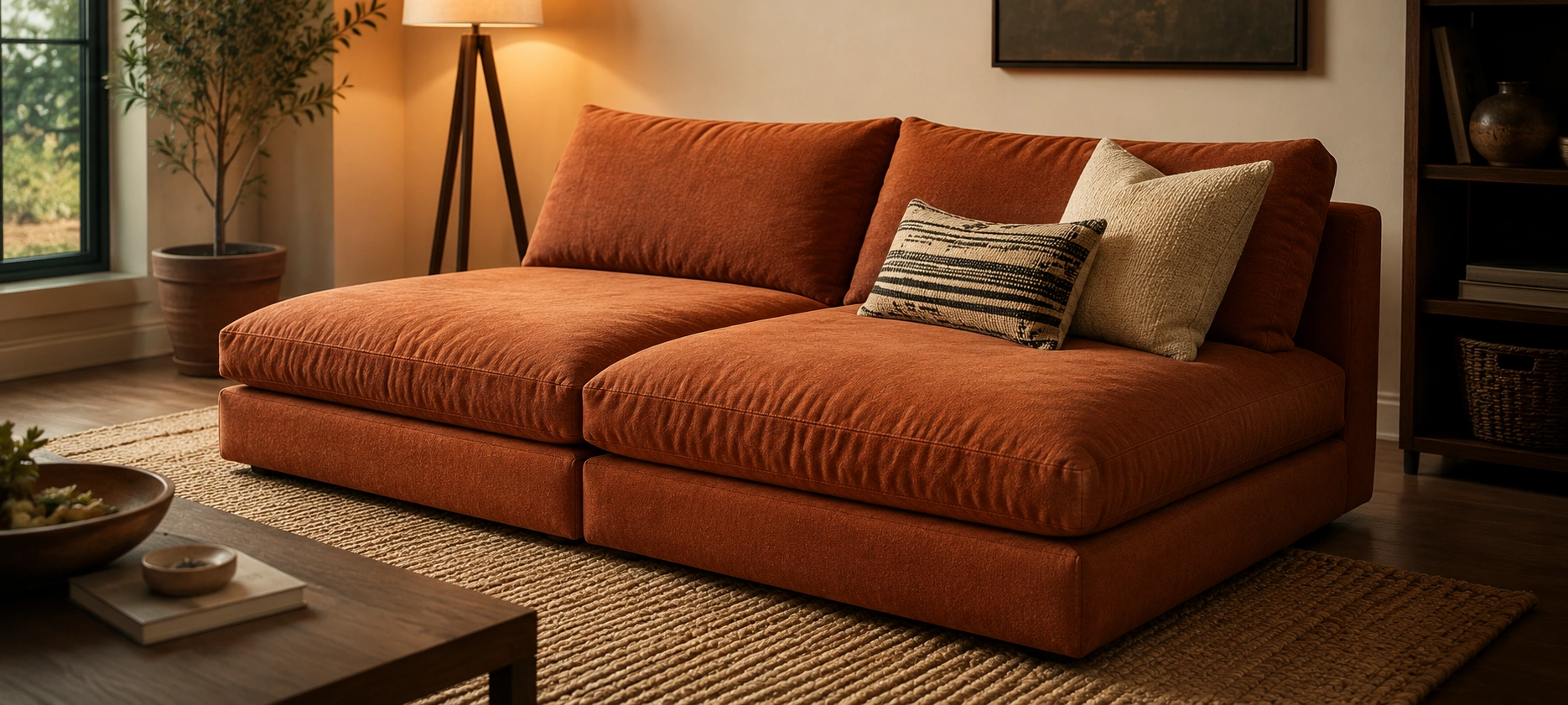 Deep seat armless sofa with plush cushions designed for lounging