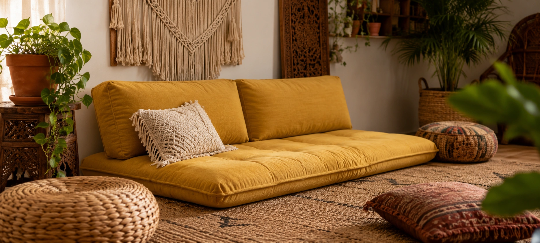 Low profile armless floor sofa in a bohemian style living room