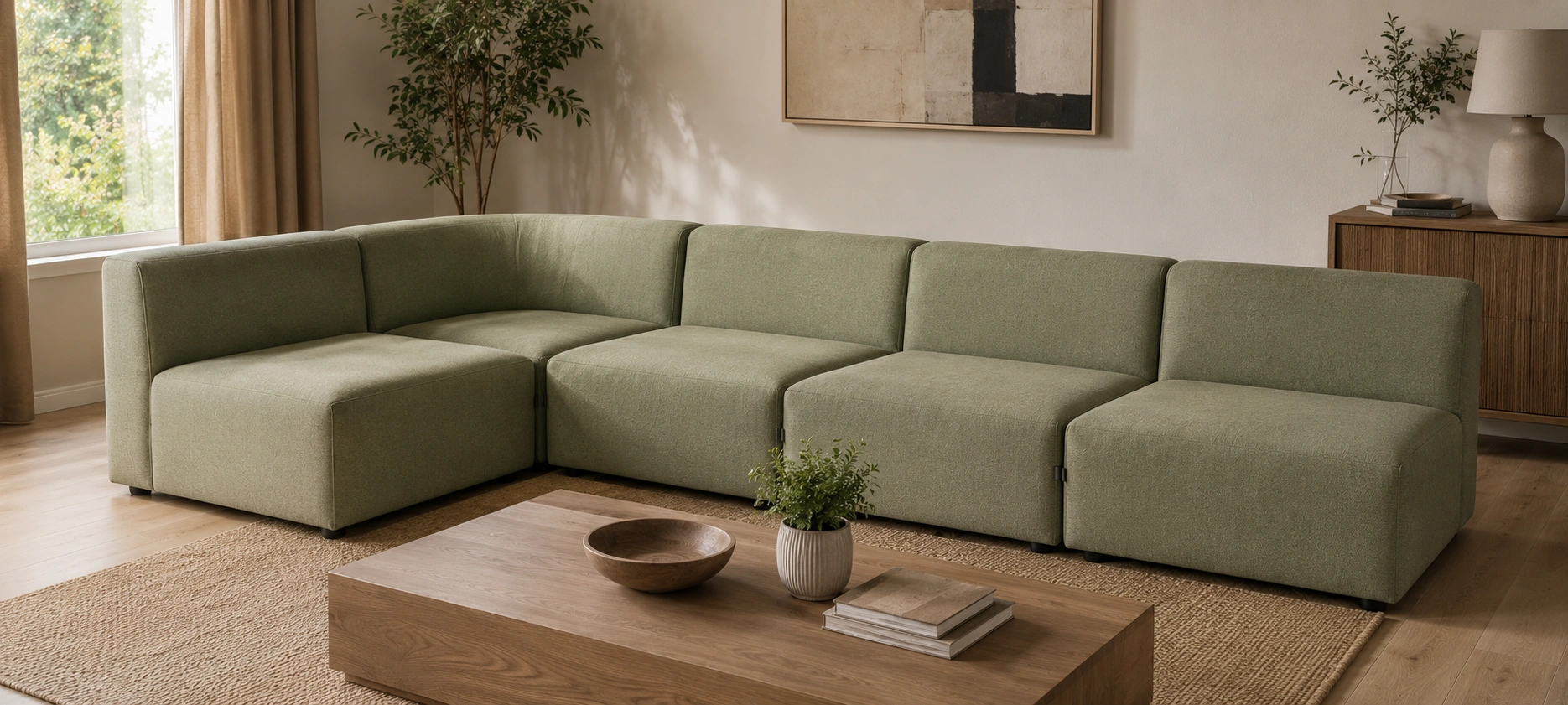 Armless modular sectional pieces arranged in an L-shape configuration