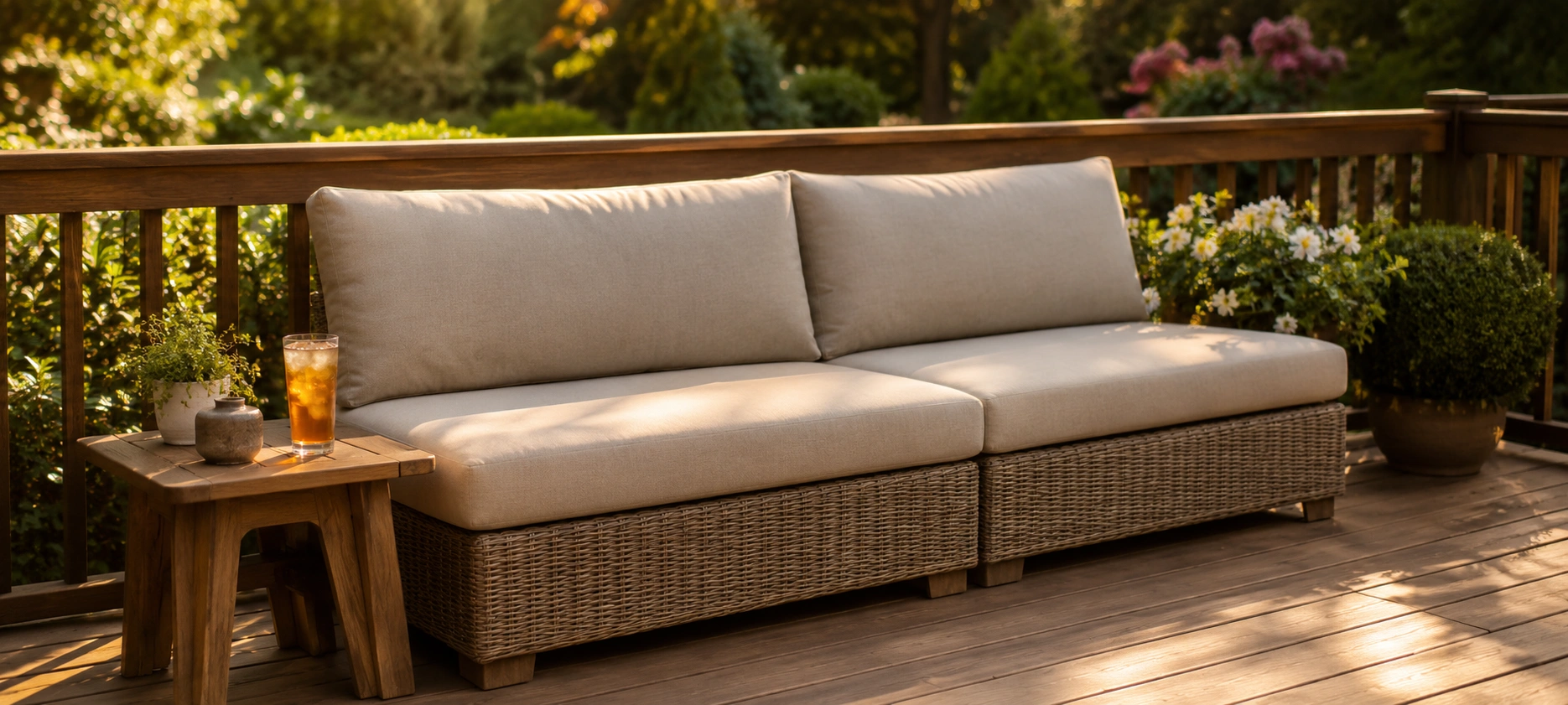 Armless outdoor sofa on a patio with weather resistant cushions