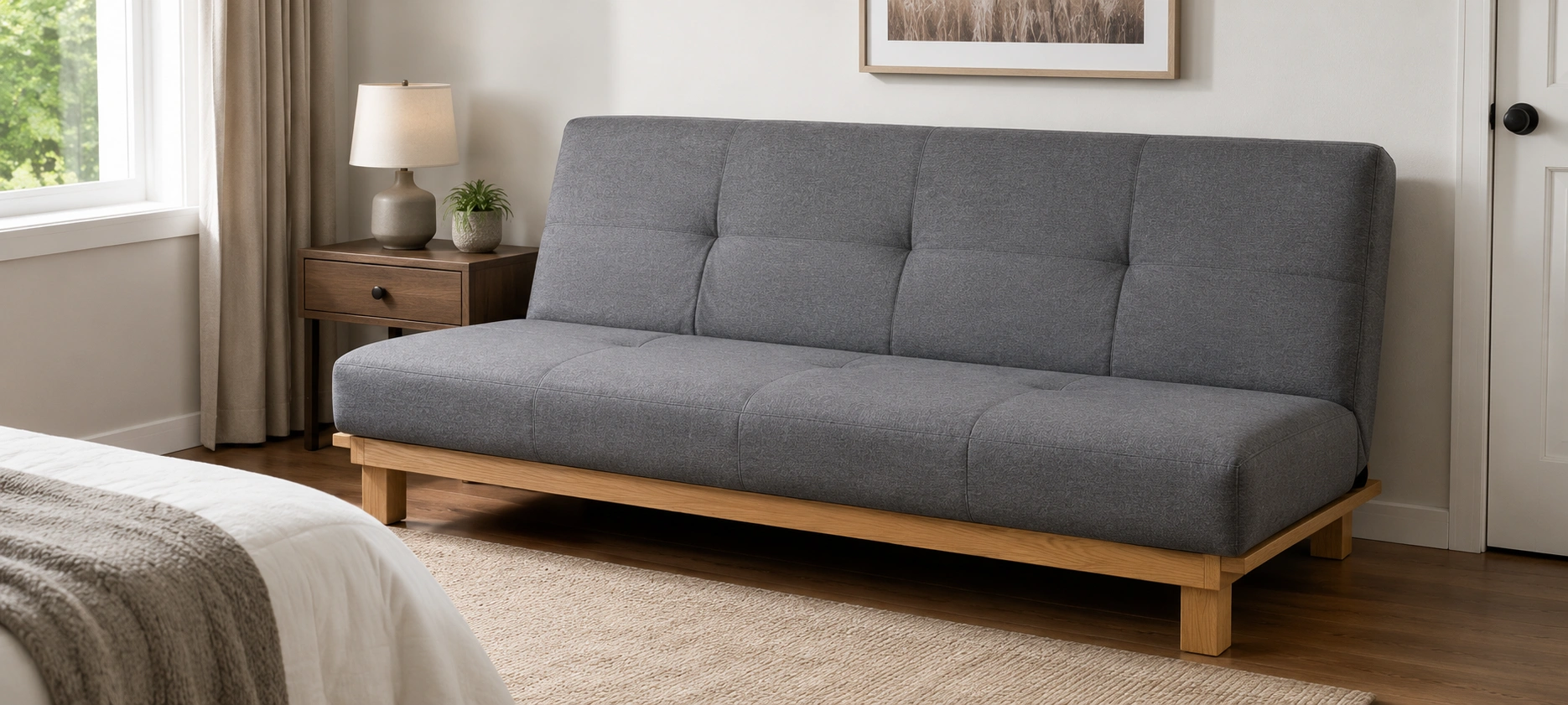 Armless sofa bed futon in a guest room ready for overnight use
