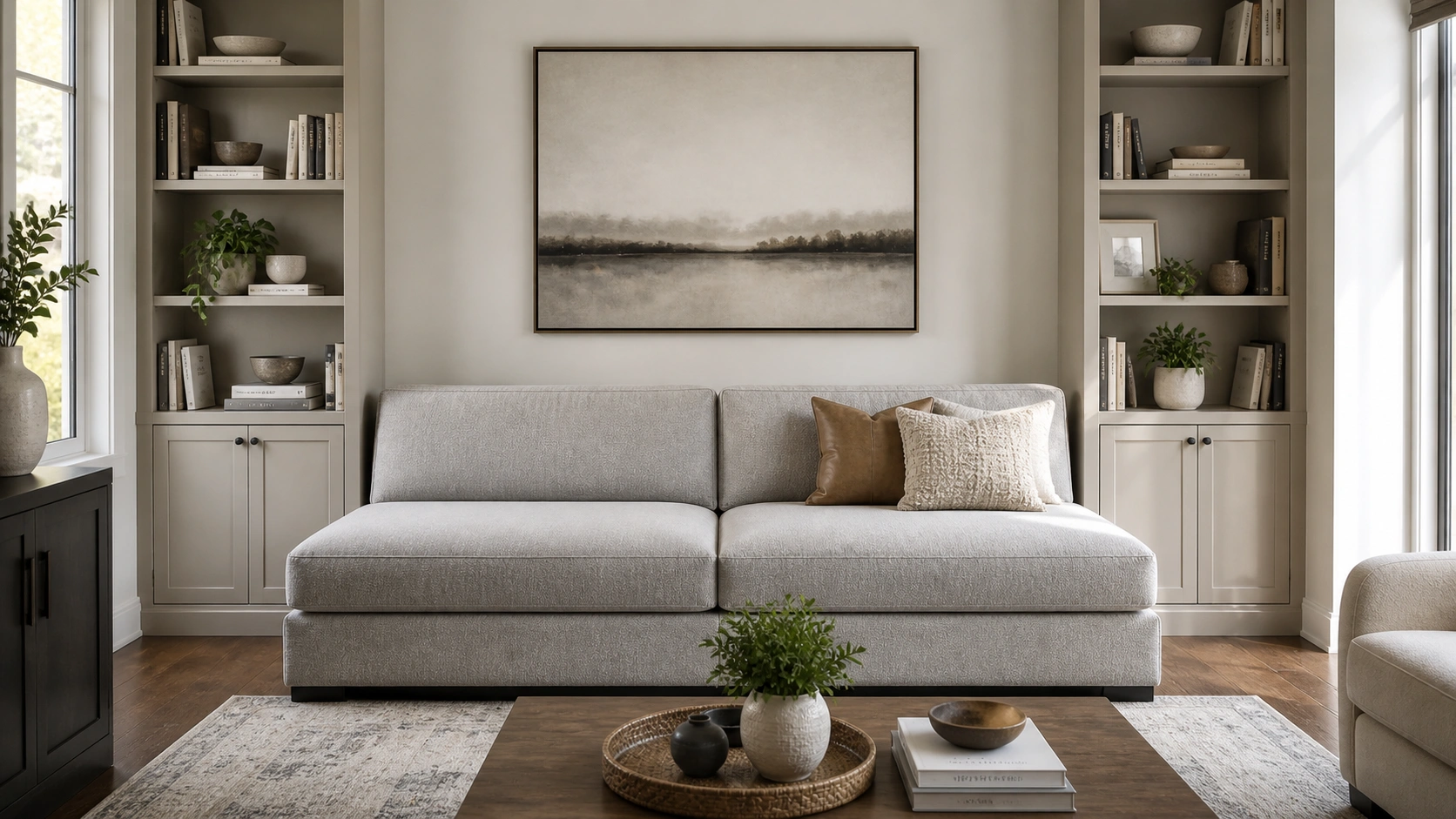 Armless sofa creating an open feel in a narrow room