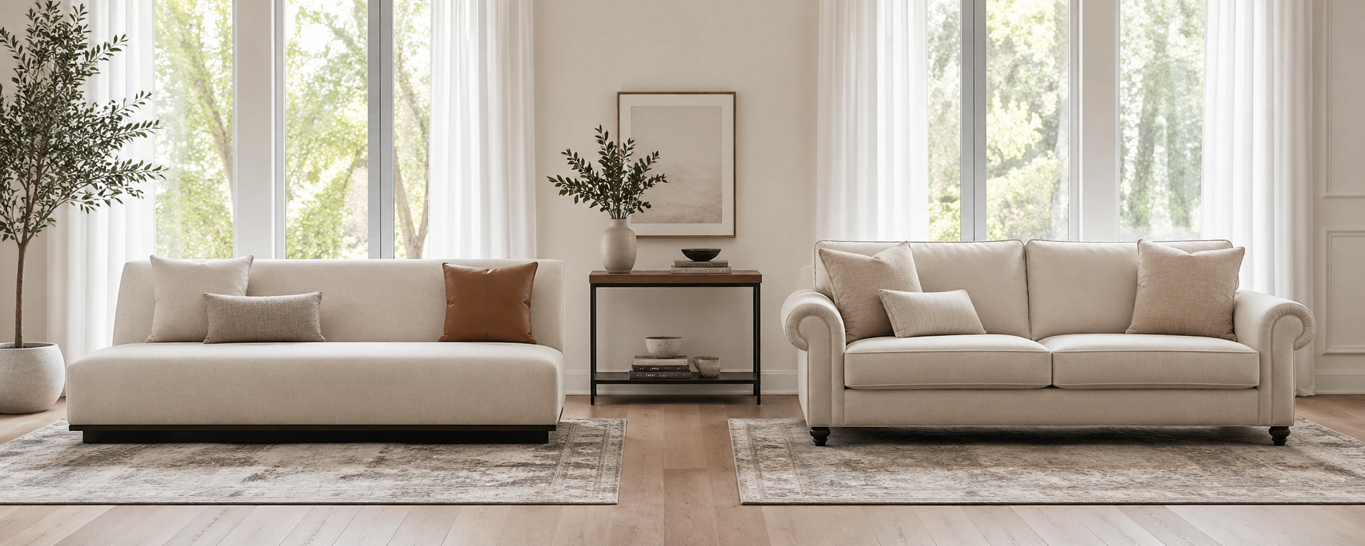 Armless sofa showing clean profile and compact design compared to traditional sofa