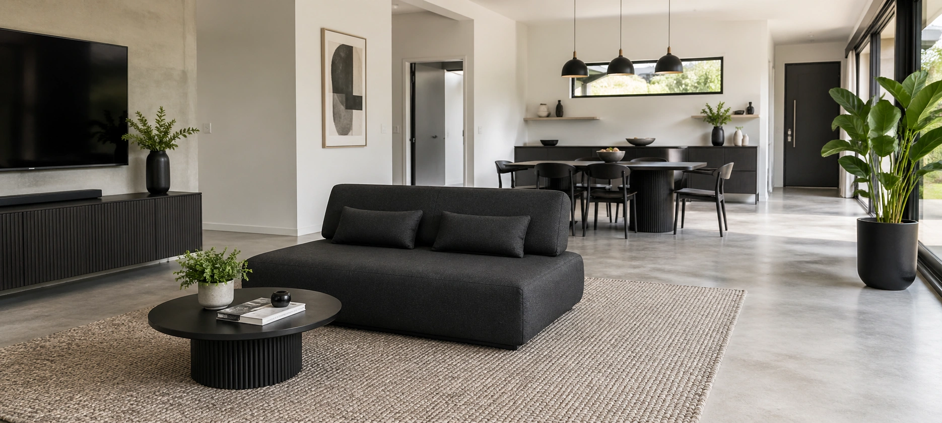 Armless sofa floating in the middle of an open living room