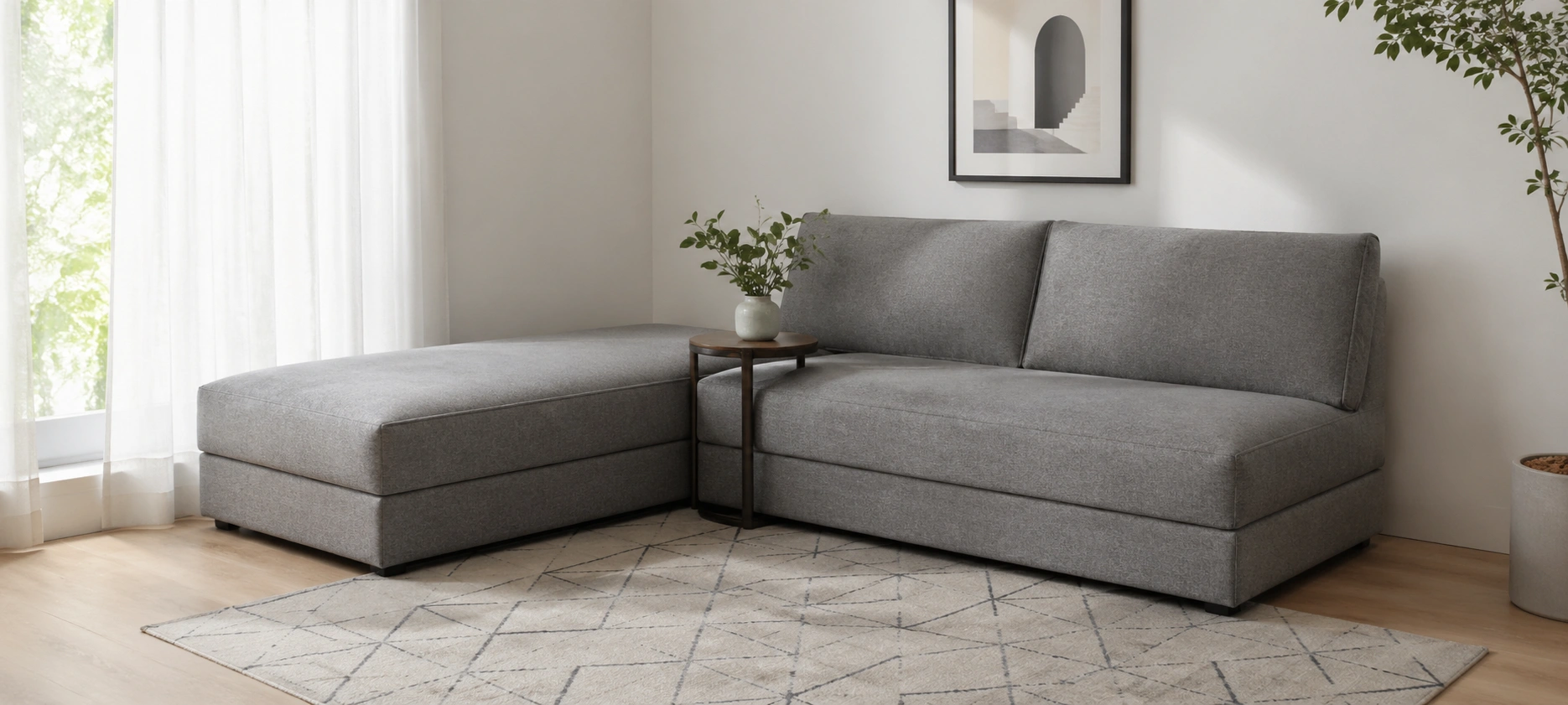 Armless sofa paired with a chaise to form an L-shaped seating area