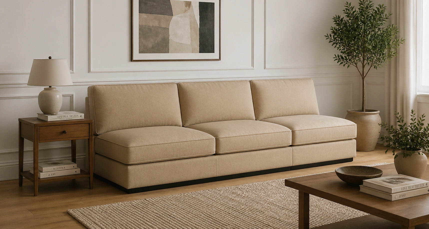 Armless sofa in a modern living room with clean lines and open layout