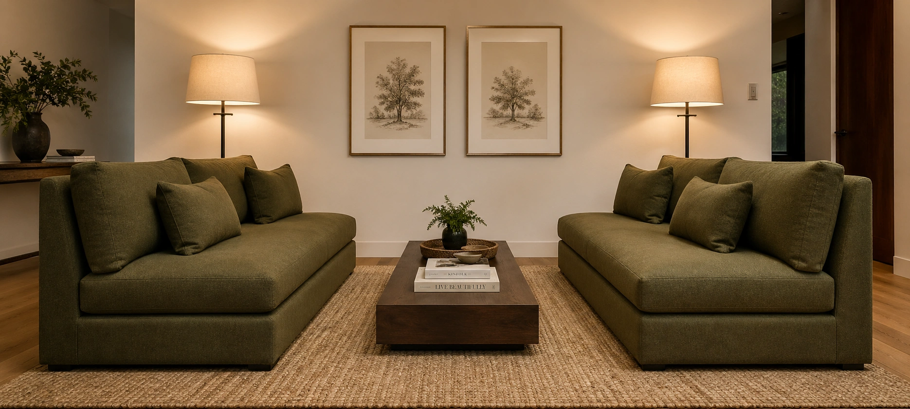 Two armless sofas facing each other creating a conversation area