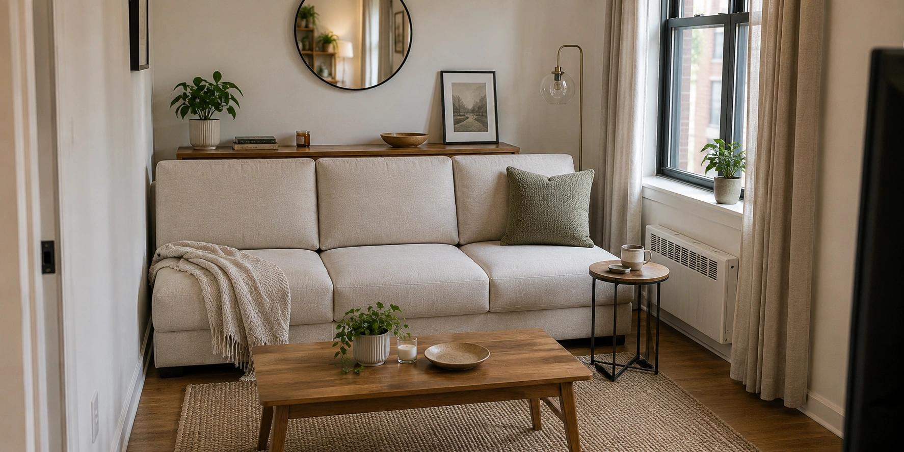 Armless sofa in a small apartment living room showing space saving benefits